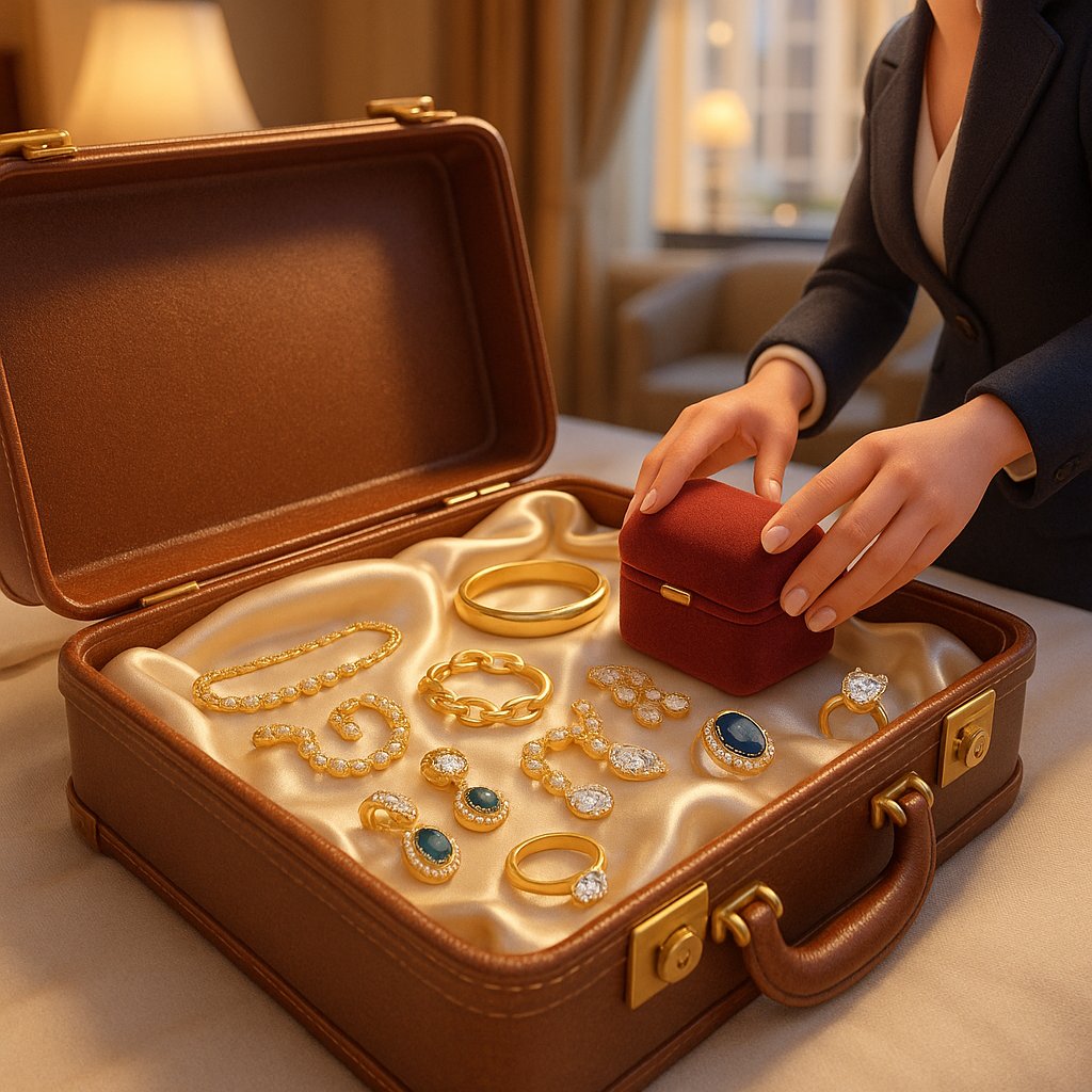 Elegant travel jewelry case with fine jewelry including rings, necklaces and bracelets arranged neatly for packing