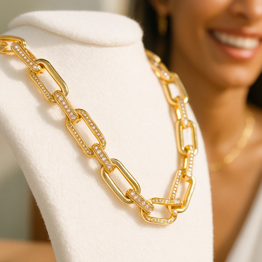 A modern paperclip chain necklace in gold, laying flat to showcase its unique linked design.