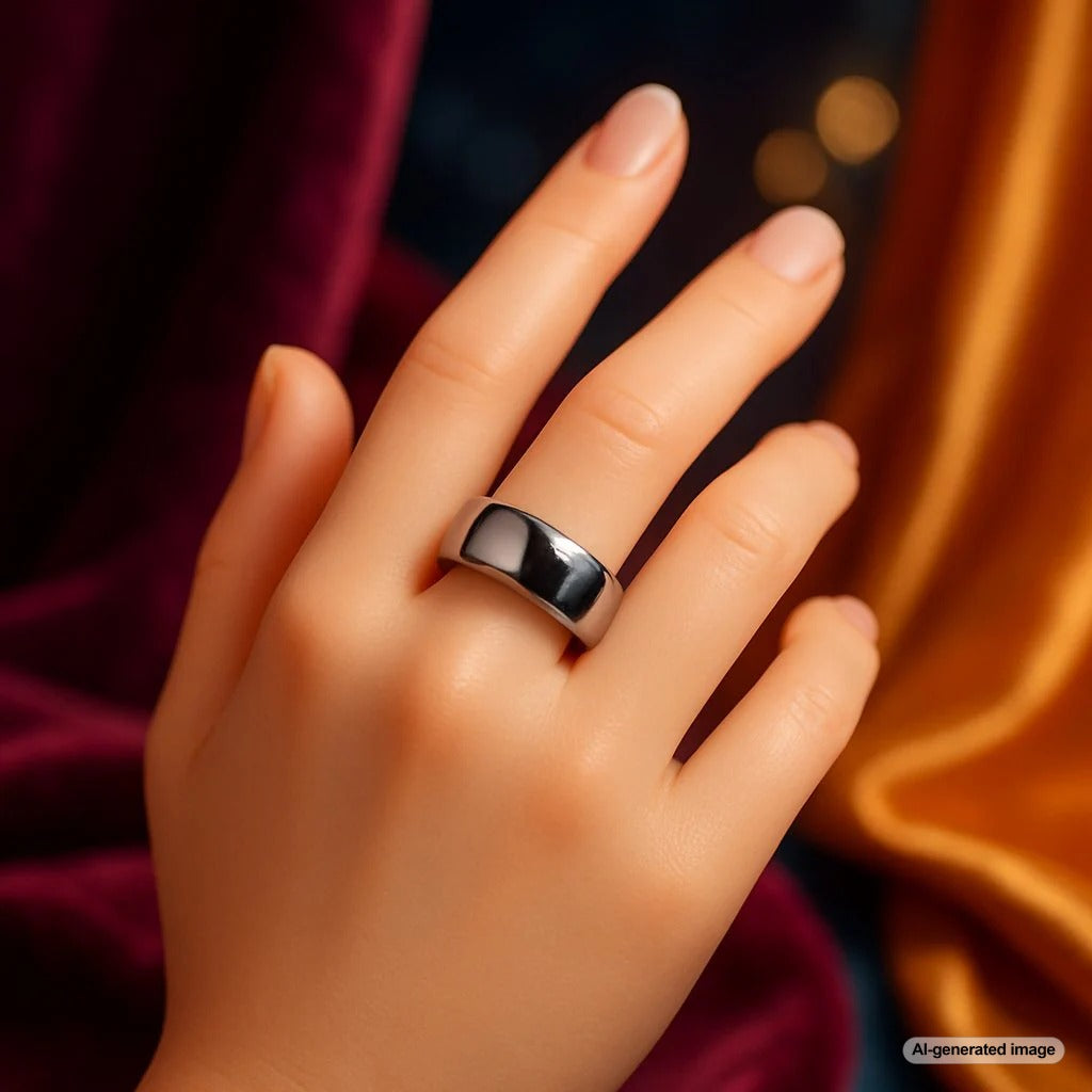 Close-up of a polished tungsten carbide men's wedding band with sleek modern design