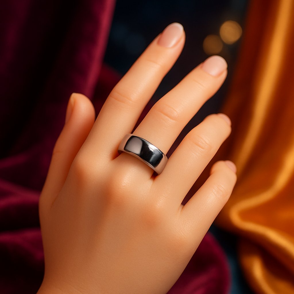 Close-up of a polished tungsten carbide men's wedding band with sleek modern design