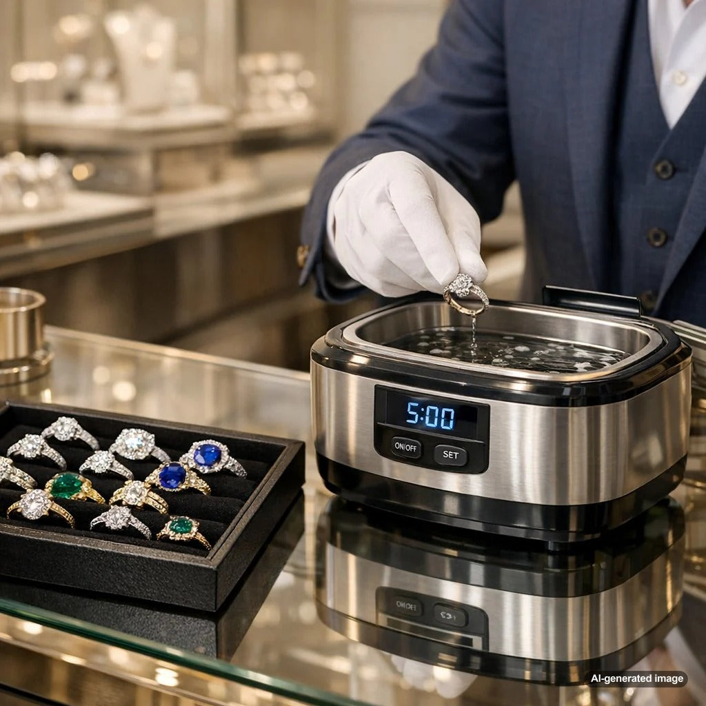 A modern ultrasonic jewelry cleaner sitting on a countertop with a sparkling diamond ring and a delicate emerald ring placed beside it, highlighting the question of gemstone safety.