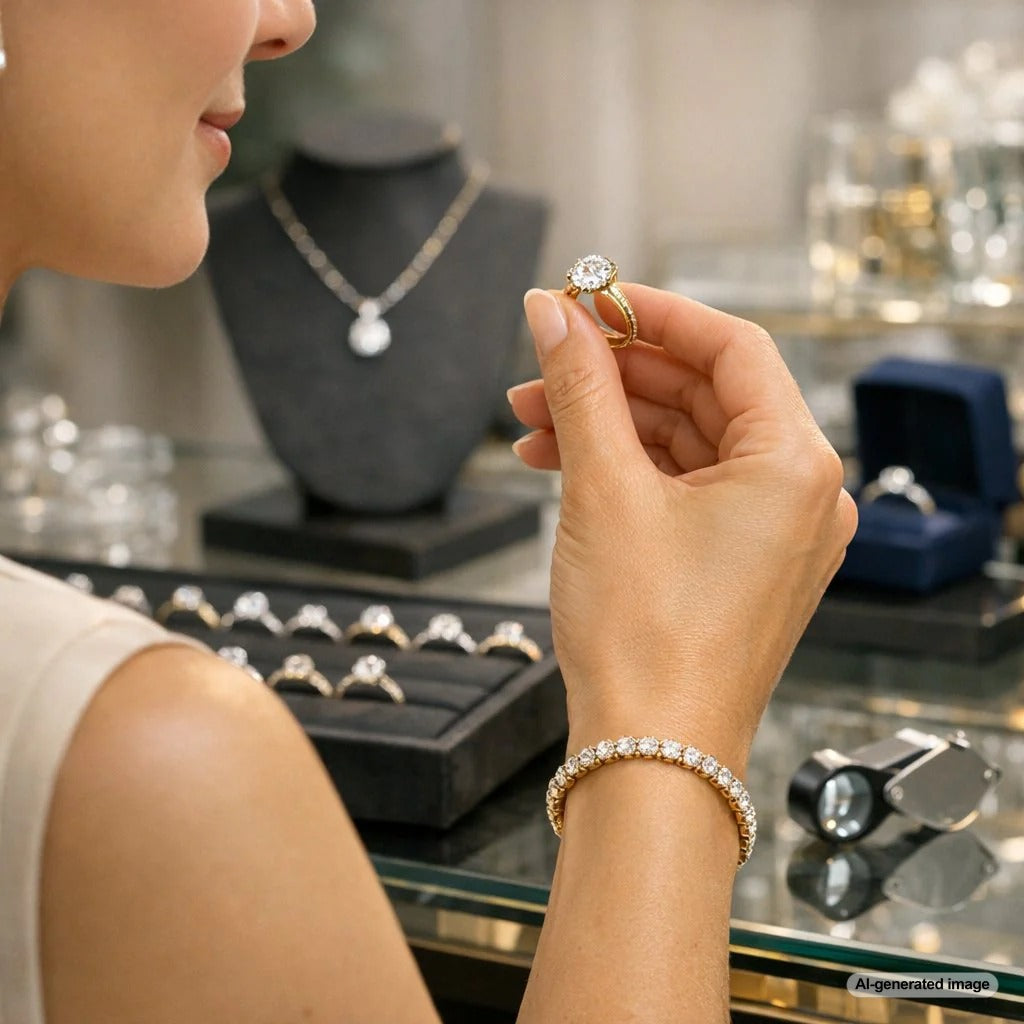 Close up educational guide image showing diamond carat weight comparison, cut diagram, clarity chart and color grade scale for engagement ring shopping at Robinson's Jewelers