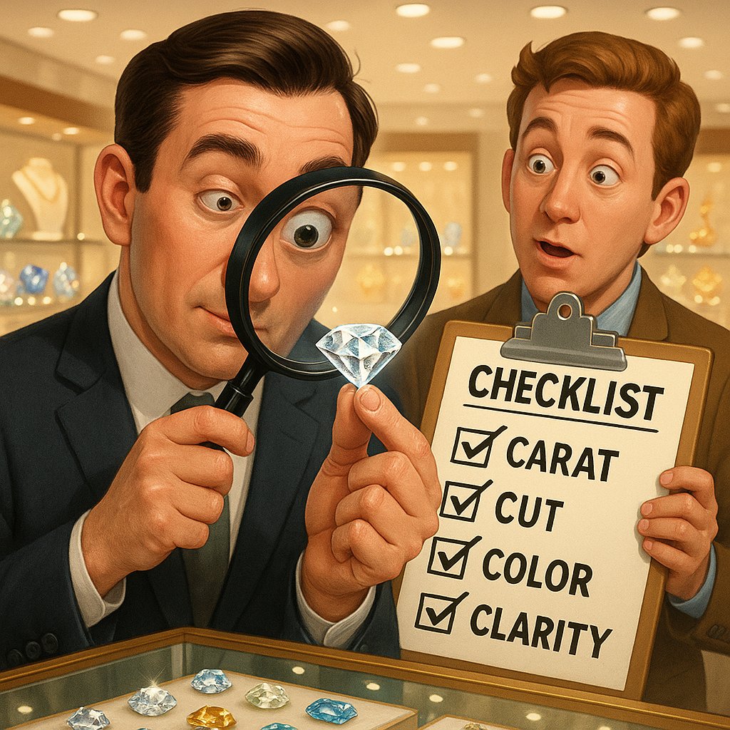 Close up of a GIA diamond certification report next to a brilliant round cut diamond engagement ring