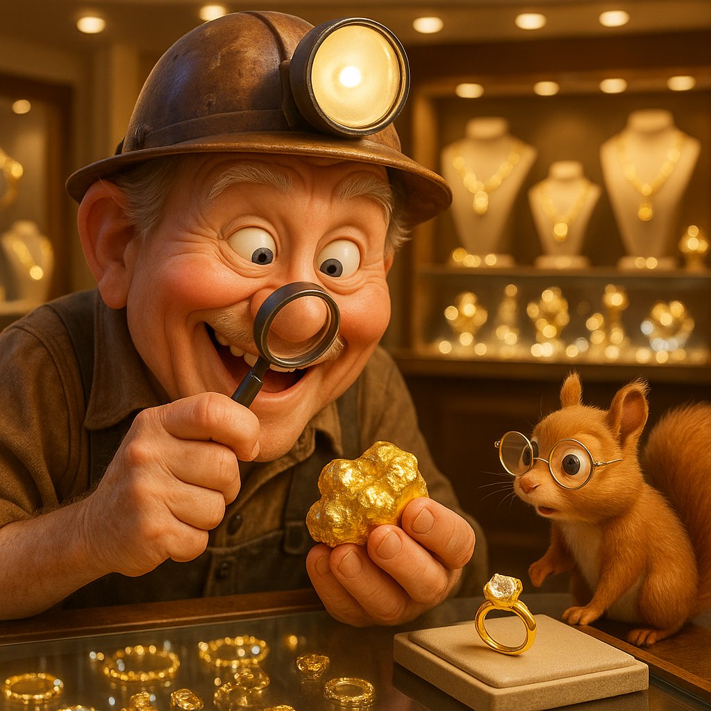 Beautiful ethical gold jewelry pieces including rings and necklaces with certification marks