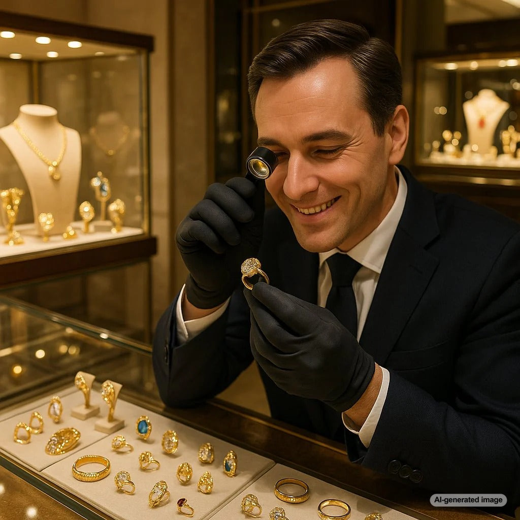 Close-up view of jewelry hallmarks and maker's stamps on various precious metal pieces
