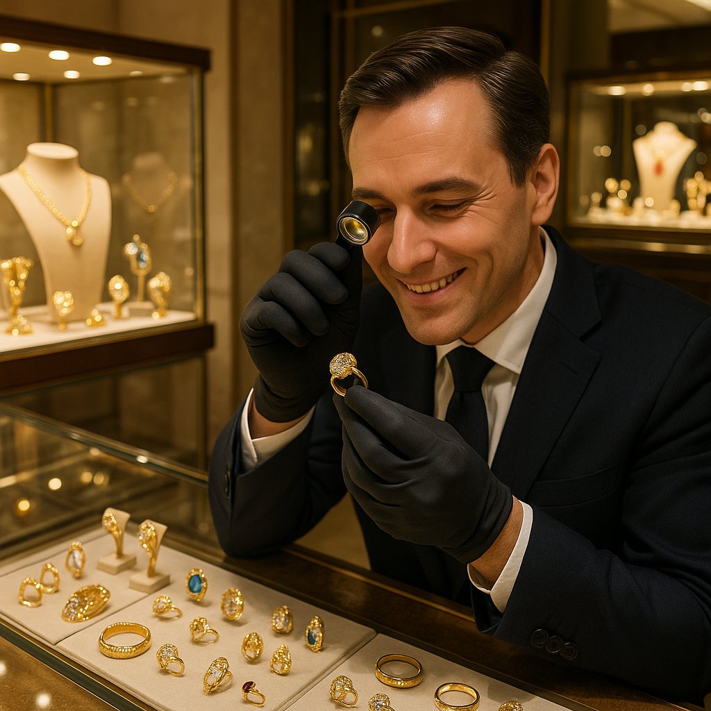 Close-up view of jewelry hallmarks and maker's stamps on various precious metal pieces