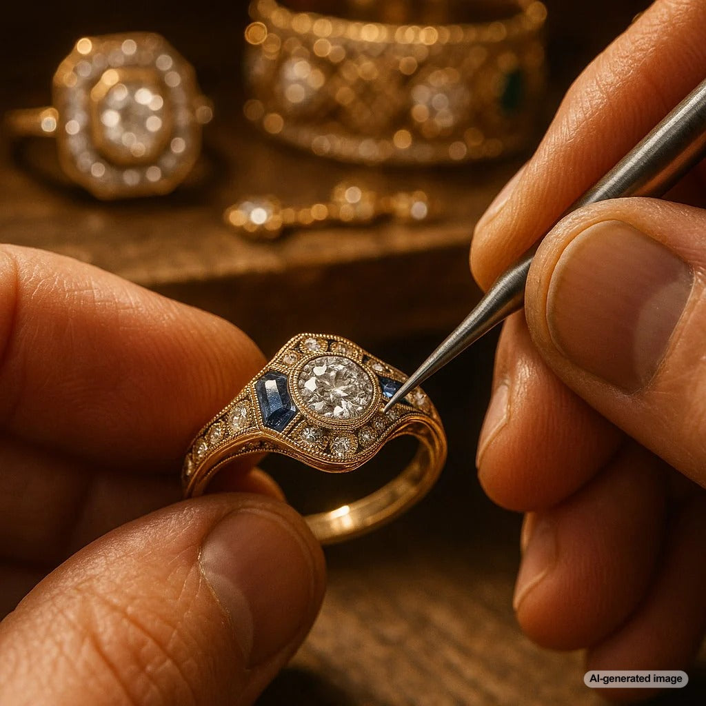 Close-up detail of delicate milgrain beading on a restored platinum Art Deco-era ring, showcasing the intricate craftsmanship.