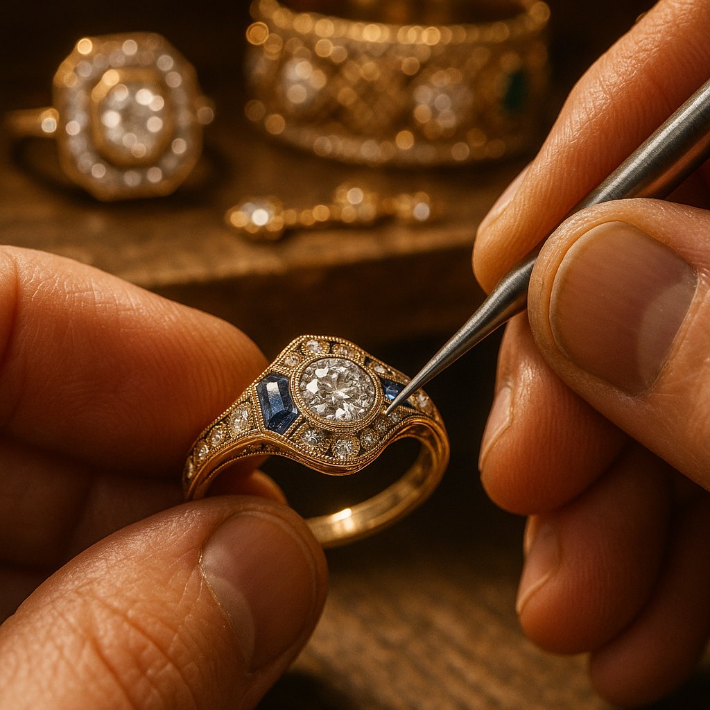 Close-up detail of delicate milgrain beading on a restored platinum Art Deco-era ring, showcasing the intricate craftsmanship.
