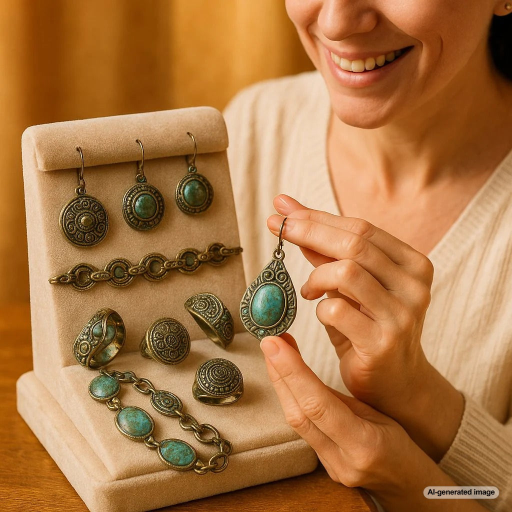 Close-up of antique silver jewelry showing beautiful natural patina in the intricate details