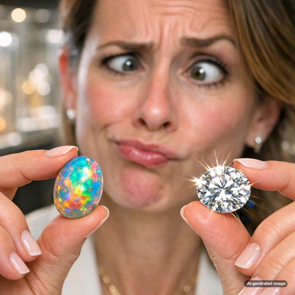 Close-up of a vibrant opal gemstone showing its mesmerizing play-of-color next to a sparkling diamond displaying its fiery dispersion
