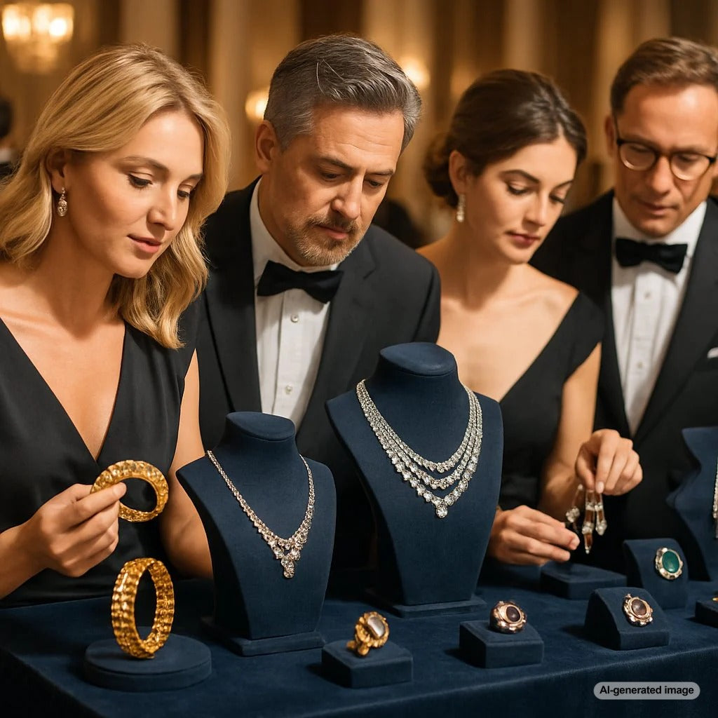 A close-up, elegant flat lay of vintage and estate jewelry including rings, brooches, and necklaces on a velvet background, symbolizing the hidden treasures found in auctions.
