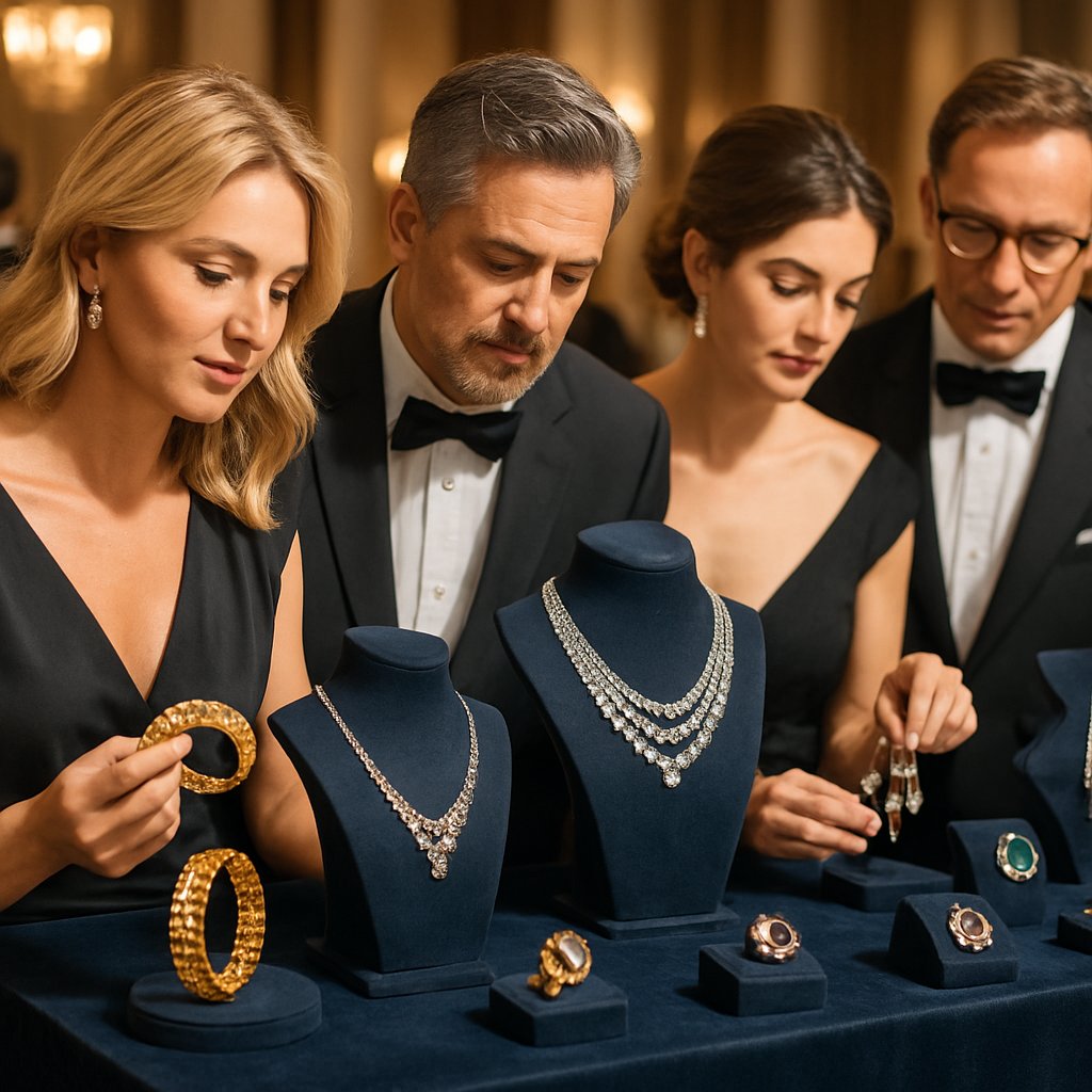 A close-up, elegant flat lay of vintage and estate jewelry including rings, brooches, and necklaces on a velvet background, symbolizing the hidden treasures found in auctions.