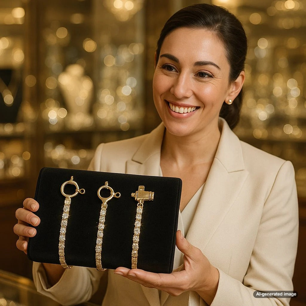 Close-up comparison of spring ring, lobster claw, and box clasps on fine jewelry chains