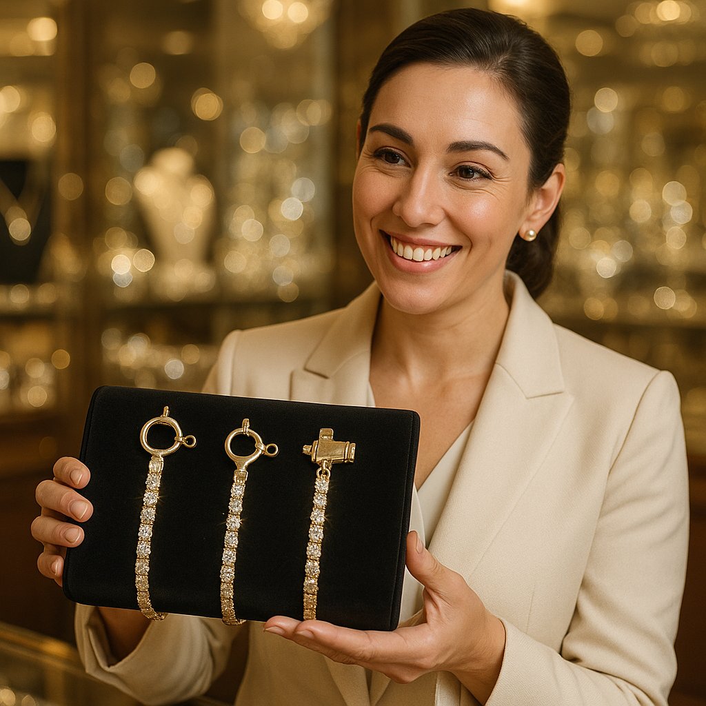 Close-up comparison of spring ring, lobster claw, and box clasps on fine jewelry chains