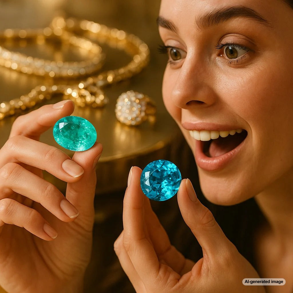 Close-up comparison of a neon blue Paraiba tourmaline and a deep blue topaz gemstone, showcasing their different color saturations.
