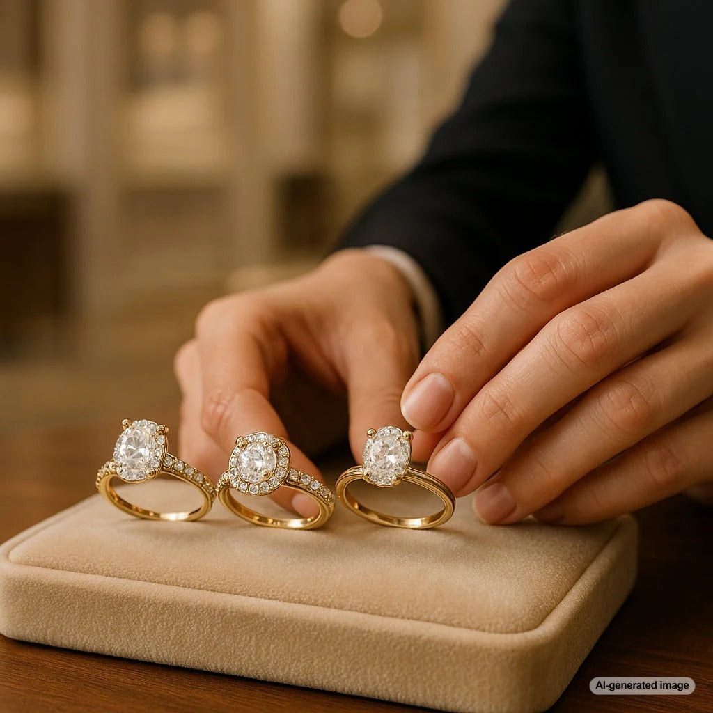 Natural, lab-grown, and simulated diamonds compared side by side under a jeweler's loupe