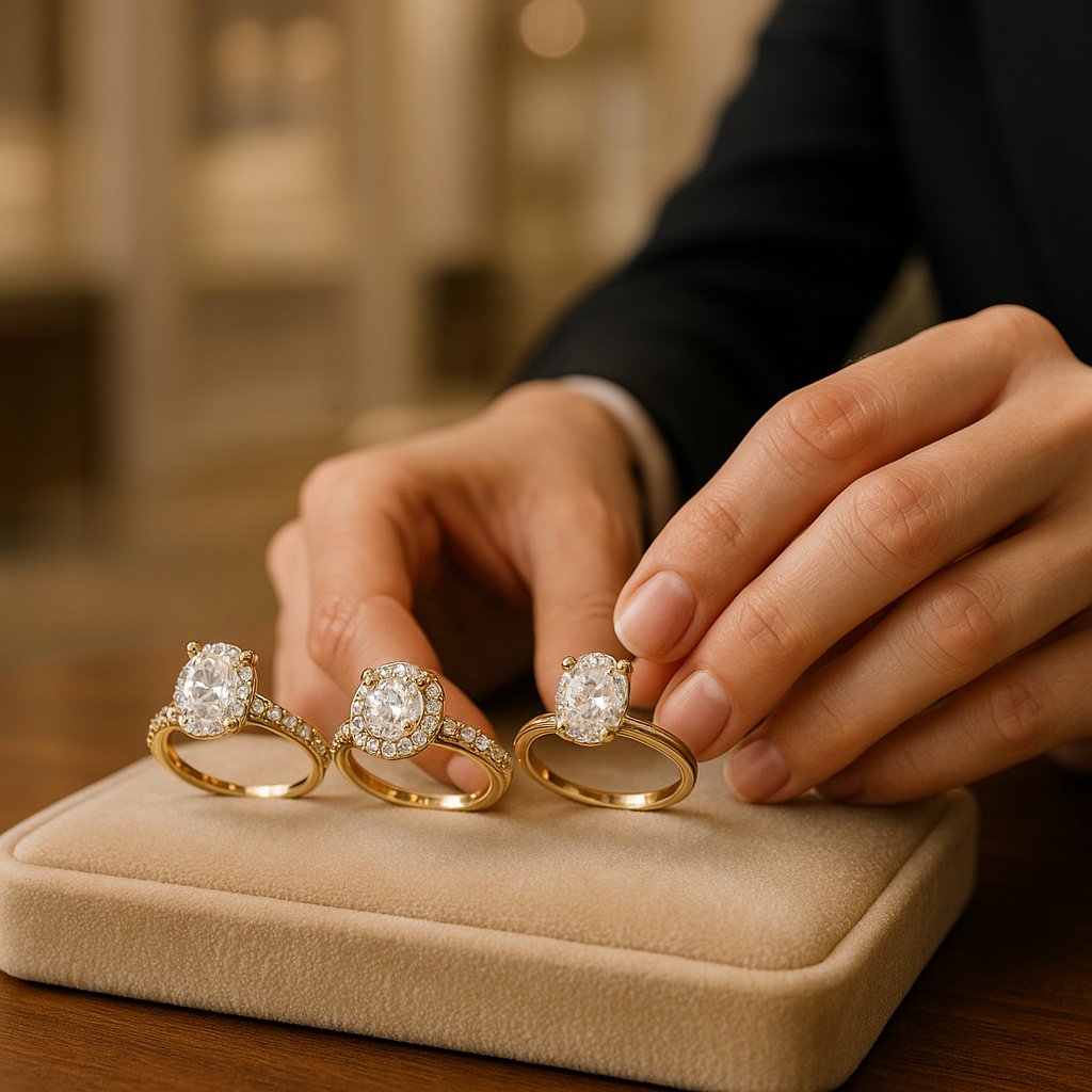 Natural, lab-grown, and simulated diamonds compared side by side under a jeweler's loupe
