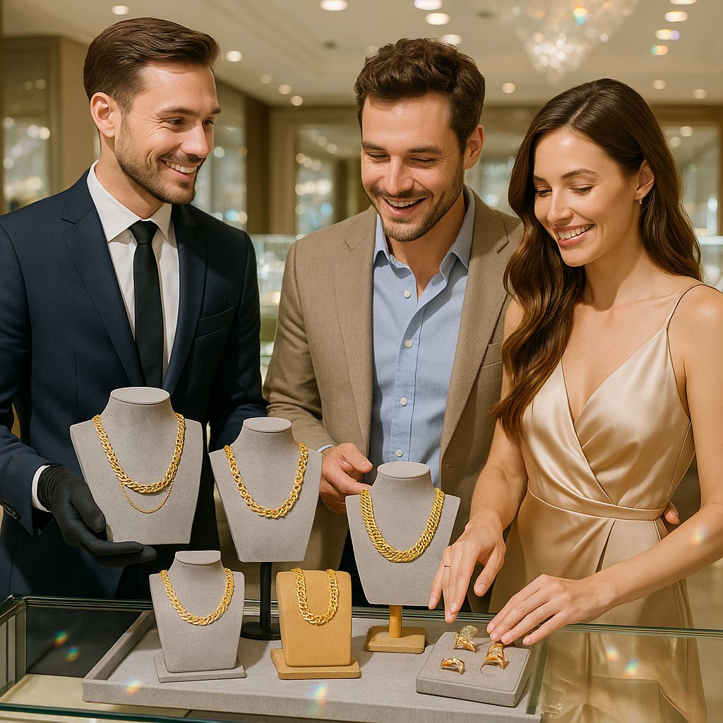 Close up comparison of different karat gold jewelry rings and nuggets on a black surface