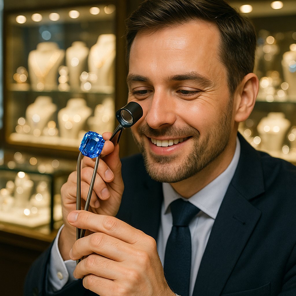 Close-up of a stunning deep blue heat-treated sapphire set in a diamond halo ring, showcasing its brilliant color and sparkle.