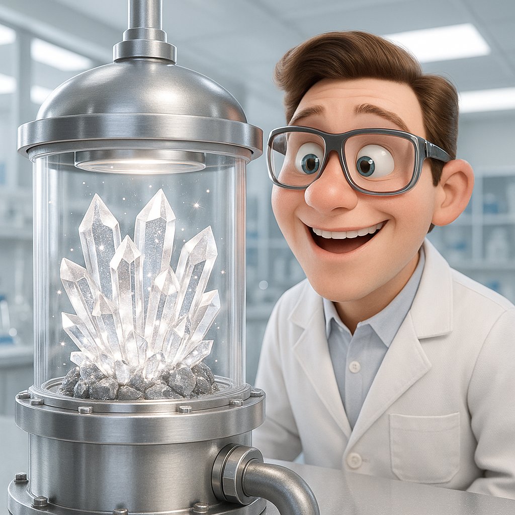 A close-up, dazzling view of brilliant lab-grown amethyst and citrine quartz crystals emerging from a geometric seed plate, showcasing the stunning results of the hydrothermal growth process.