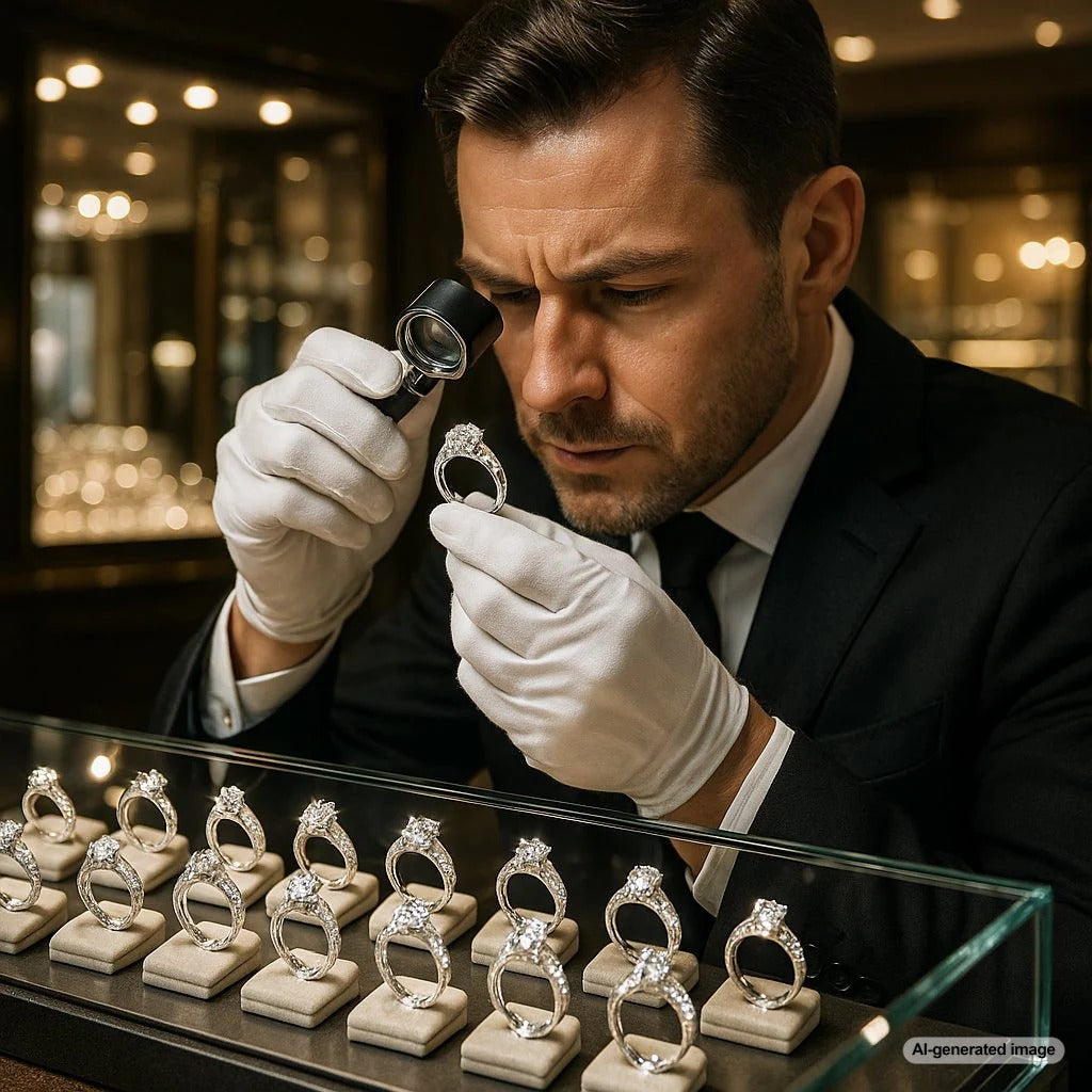 Close-up of a white gold ring being professionally rhodium plated at Robinson's Jewelers