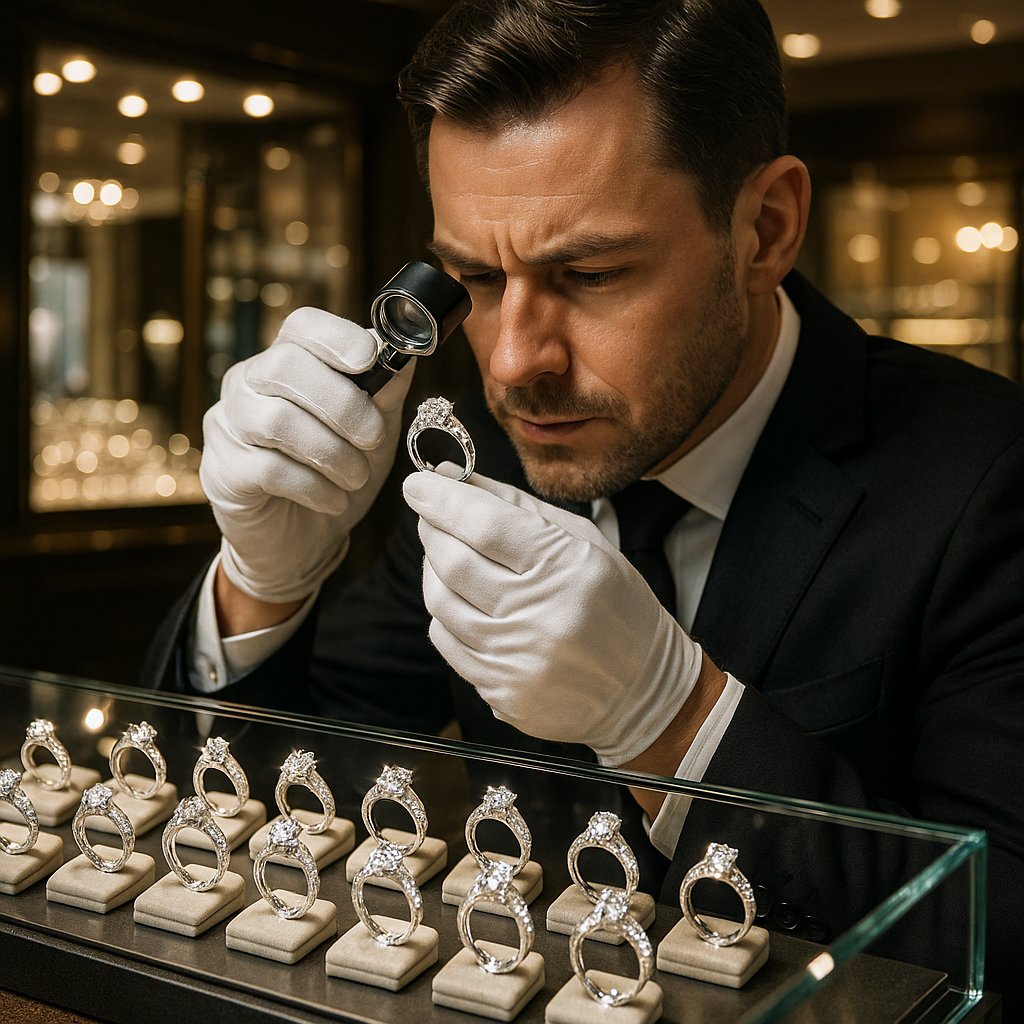 Close-up of a white gold ring being professionally rhodium plated at Robinson's Jewelers