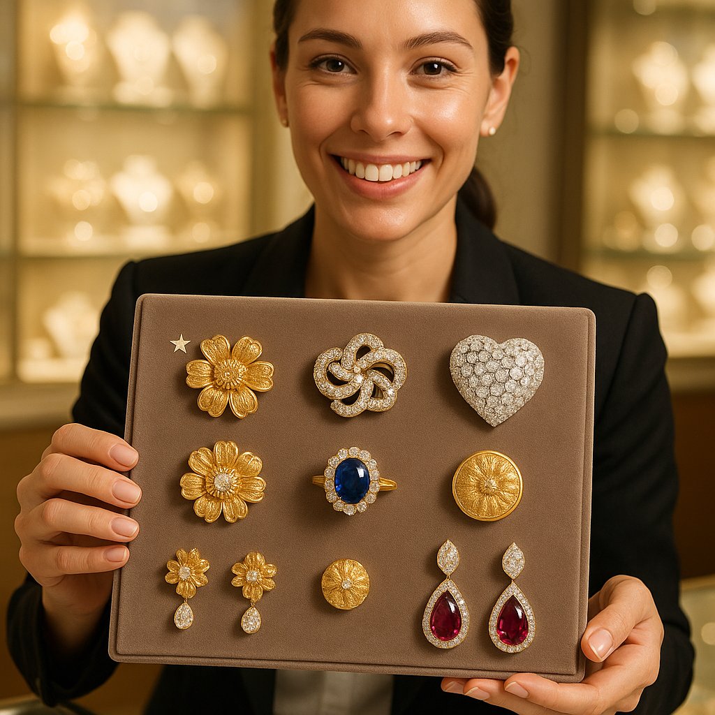A close-up comparison of a signed vintage ring with a visible maker's mark and a beautiful unsigned Art Deco-inspired sapphire and diamond ring on a velvet background.