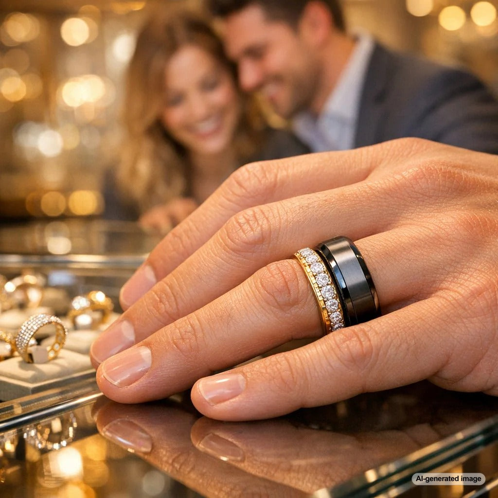 Close-up of a durable and scratch-resistant tungsten carbide men's wedding band with a polished finish, resting on a dark textured surface.