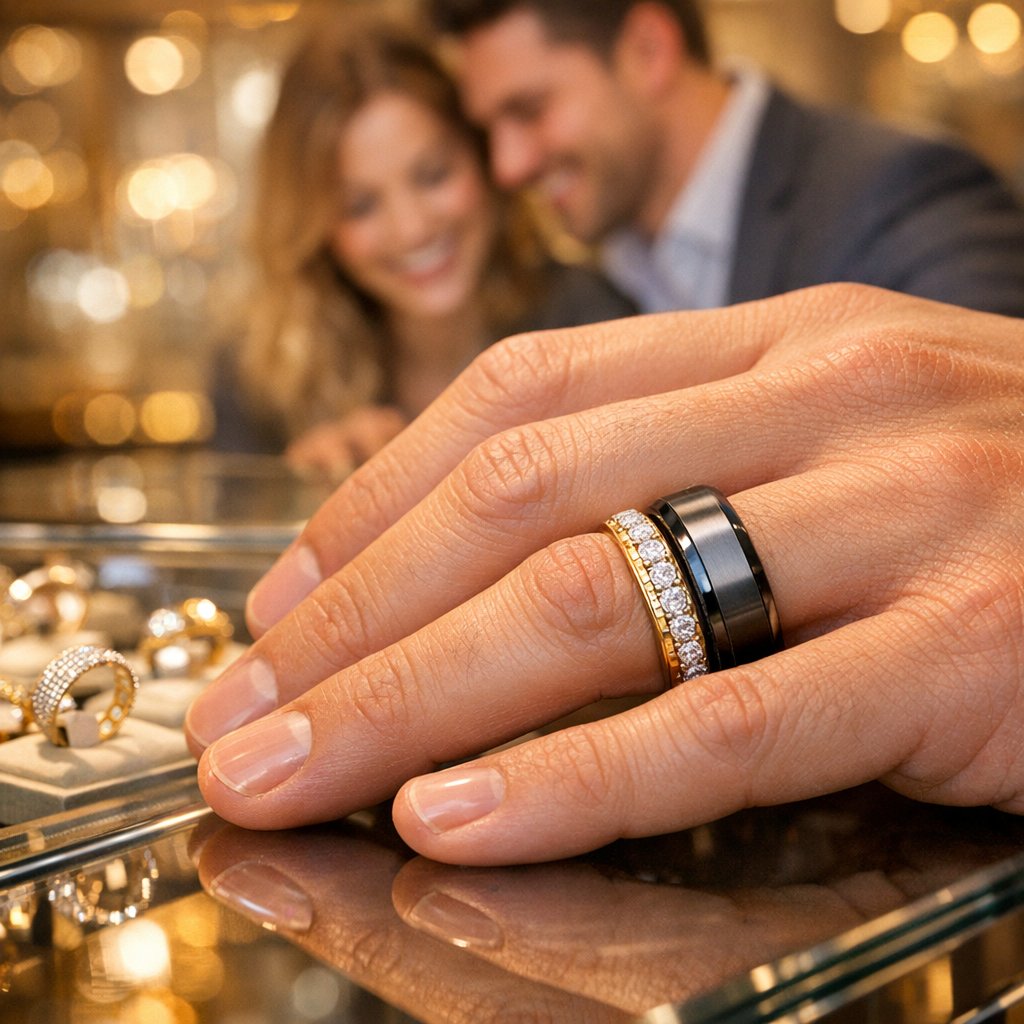 Close-up of a durable and scratch-resistant tungsten carbide men's wedding band with a polished finish, resting on a dark textured surface.