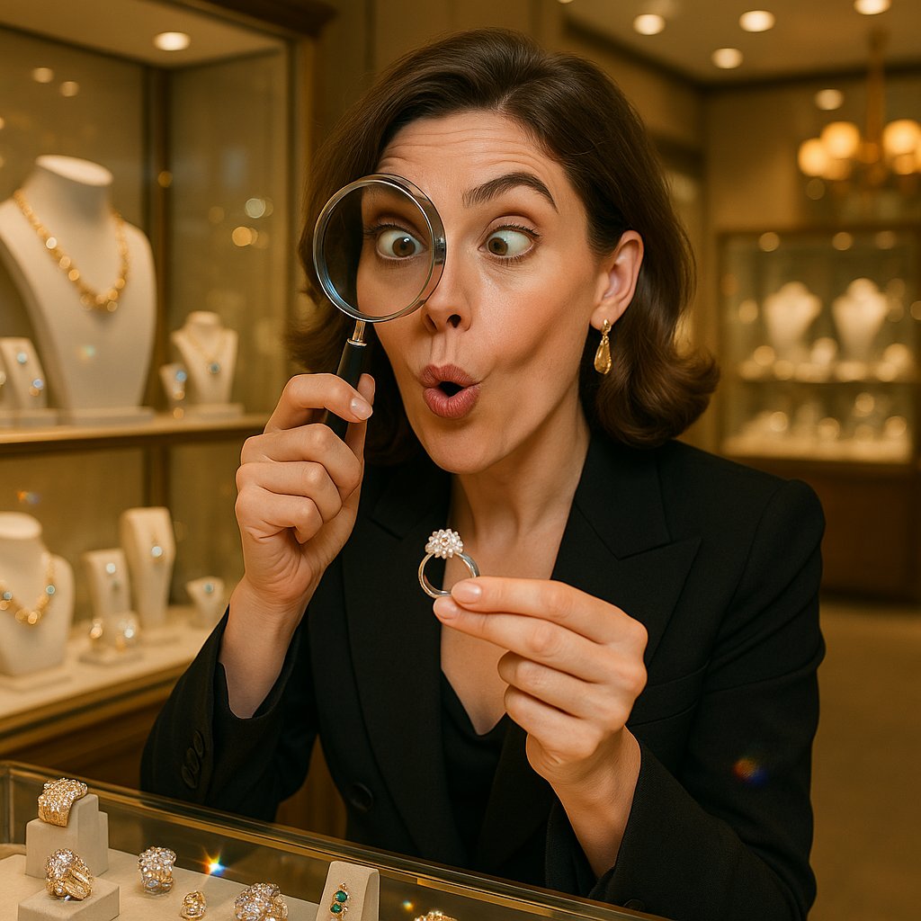 Close-up of a jeweler inspecting an engagement ring with an eyepiece, symbolizing the care and detail of a good jewelry warranty.