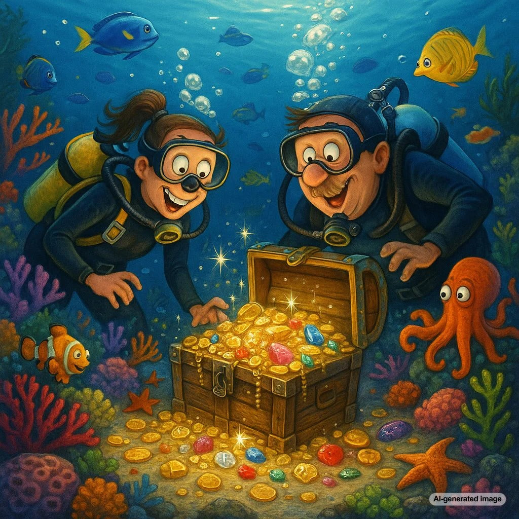 Sunken treasure chest with scattered jewelry and gems on the ocean floor