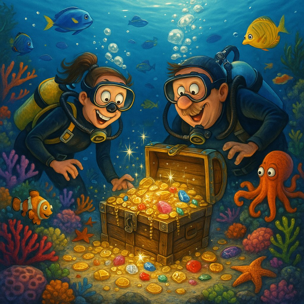 Sunken treasure chest with scattered jewelry and gems on the ocean floor