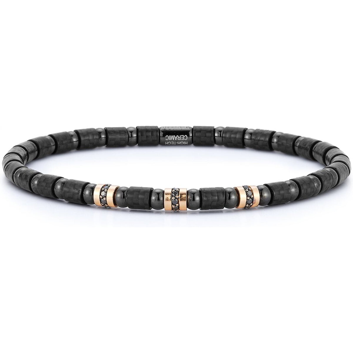 Uomo Men's Carbon Black Bracelet with 3 Sections of Black Diamonds in 18K Rose Gold