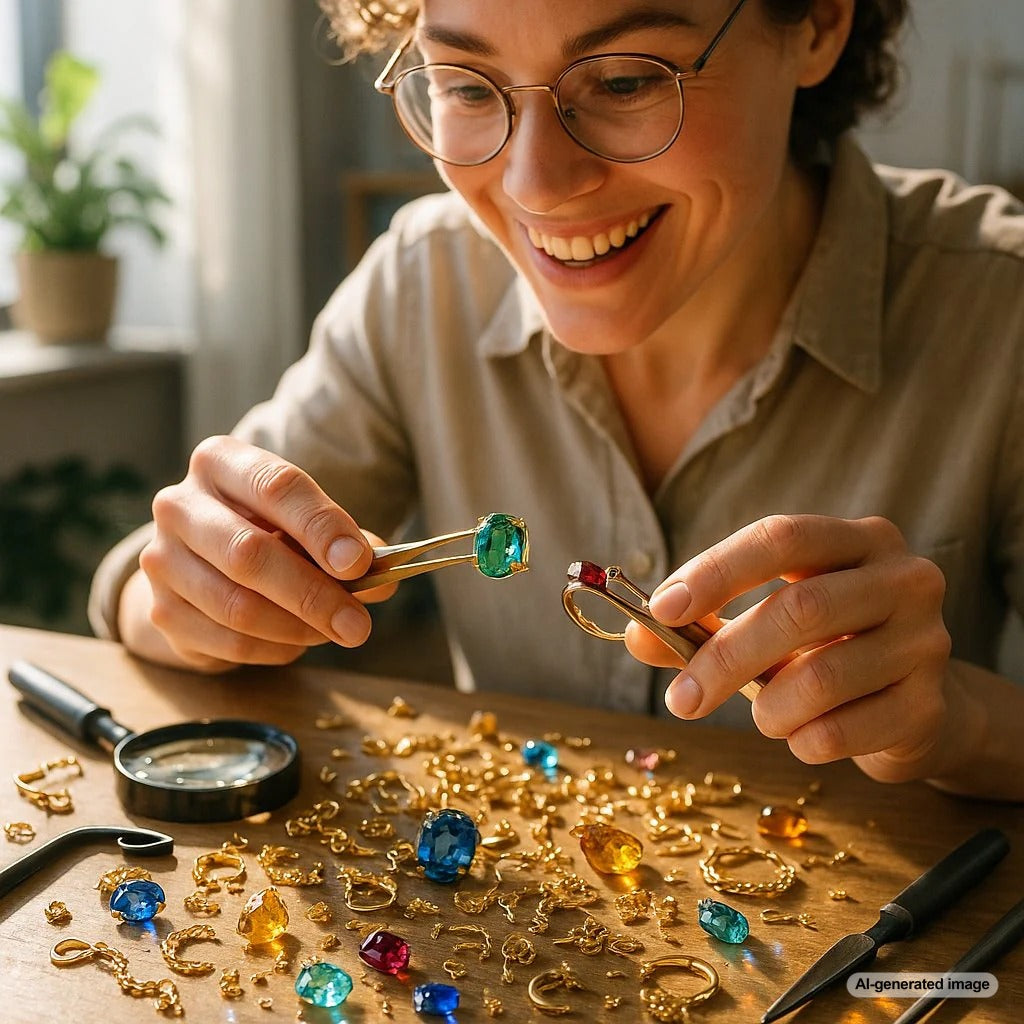 Creative upcycled jewelry designs featuring repurposed gemstones and metals