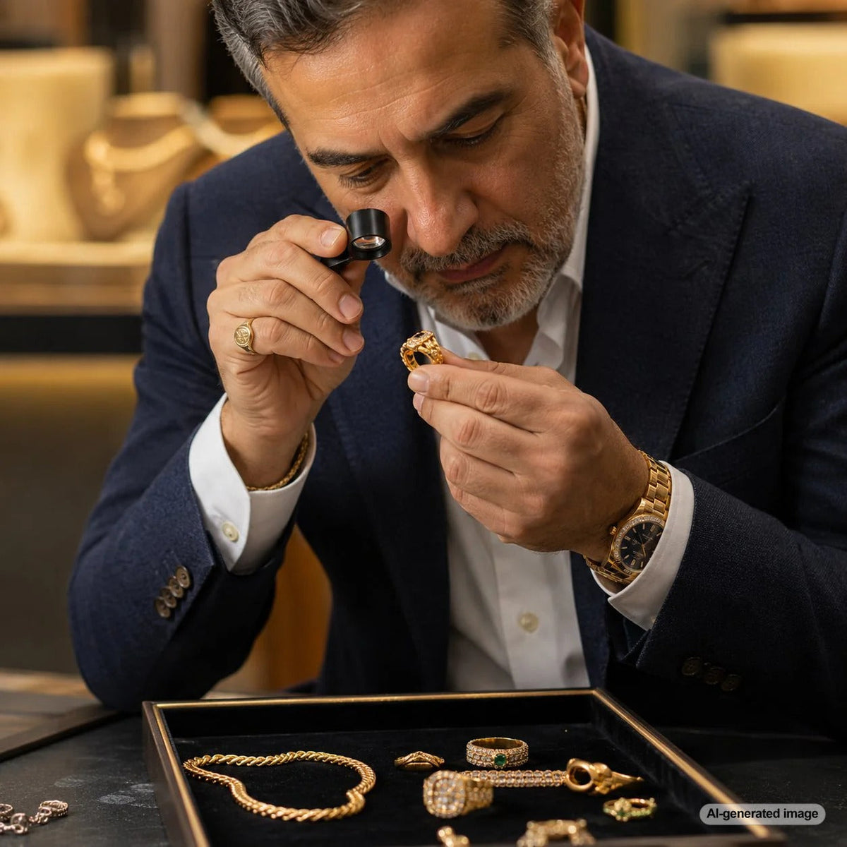 A stunning collection of upcycled vintage gold jewelry displayed on a reflective surface, featuring rings, necklaces, and bracelets made from recycled precious metals representing sustainable luxury.