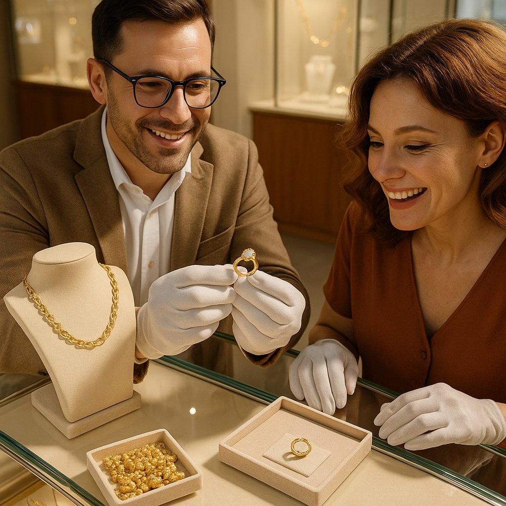 Comparison image showing melted gold bars versus beautifully redesigned custom gold jewelry at Robinson's Jewelers