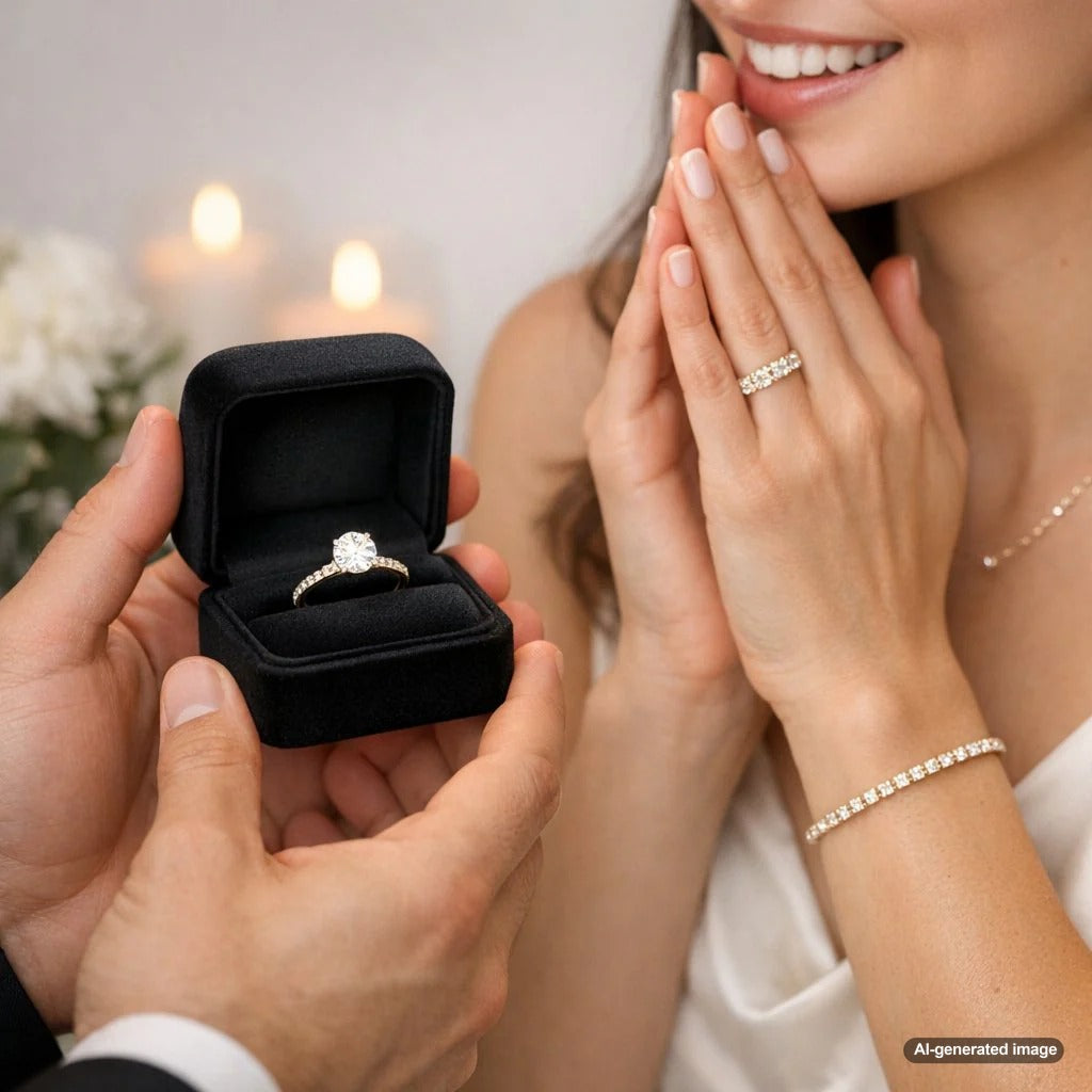 A diamond ring and pearl earrings styled on a textured natural wood surface with dried botanicals for elegant jewelry photography.