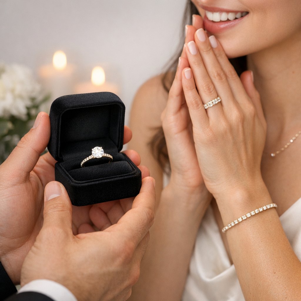 A diamond ring and pearl earrings styled on a textured natural wood surface with dried botanicals for elegant jewelry photography.