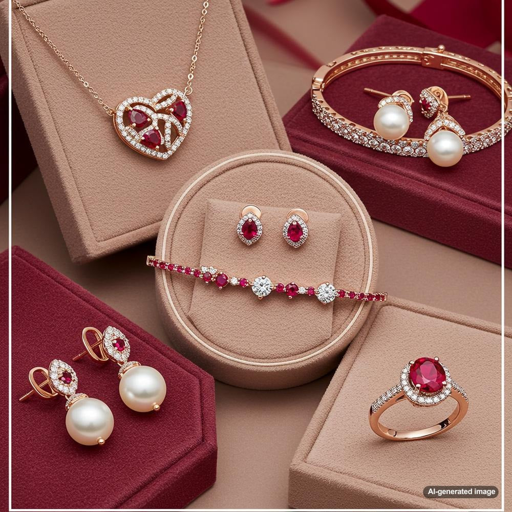 Valentine's Day jewelry gift ideas for women, featuring heart-shaped pendants, diamond rings, and elegant bracelets.