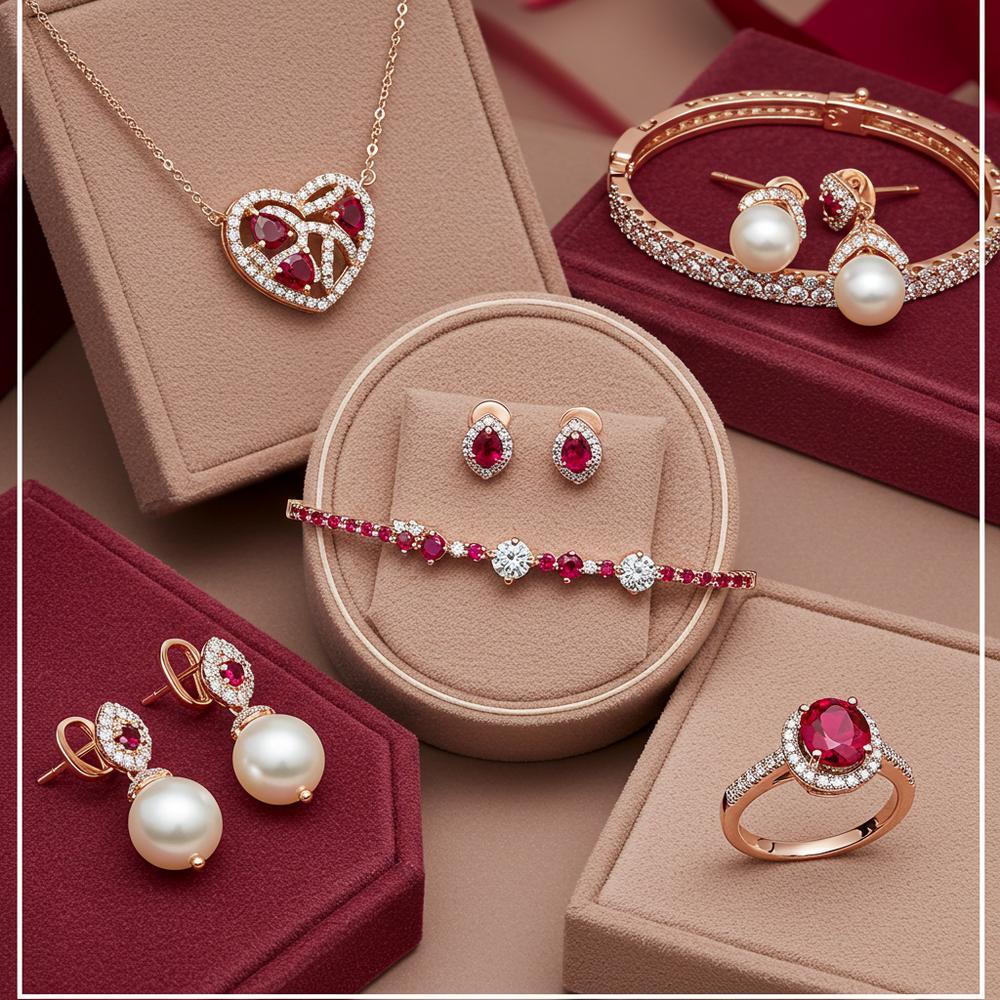 Valentine's Day jewelry gift ideas for women, featuring heart-shaped pendants, diamond rings, and elegant bracelets.