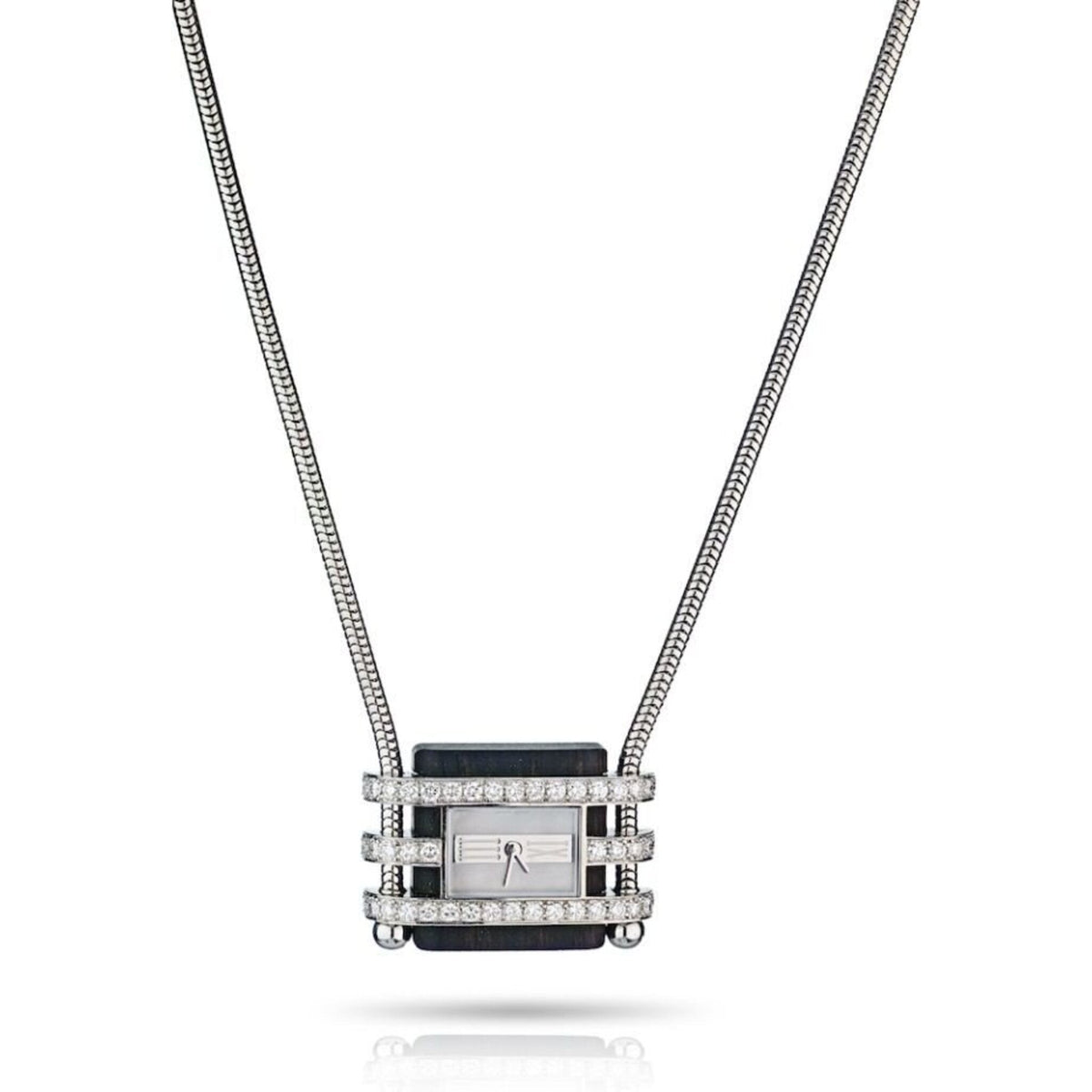 Van Cleef & Arpels 18K White Gold Diamond, Mother-of-Pearl, and Wood Pendant-Watch with Snake Chain Necklace