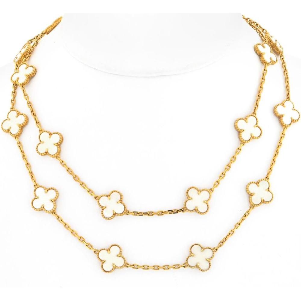 Van Cleef & Arpels 18k Yellow Gold Alhambra Clover Pendant Necklace with White Coral