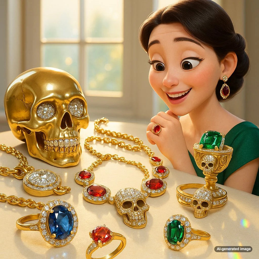Modern vanitas style jewelry featuring a diamond skull ring and other symbolic pieces from Robinson's Jewelers collection