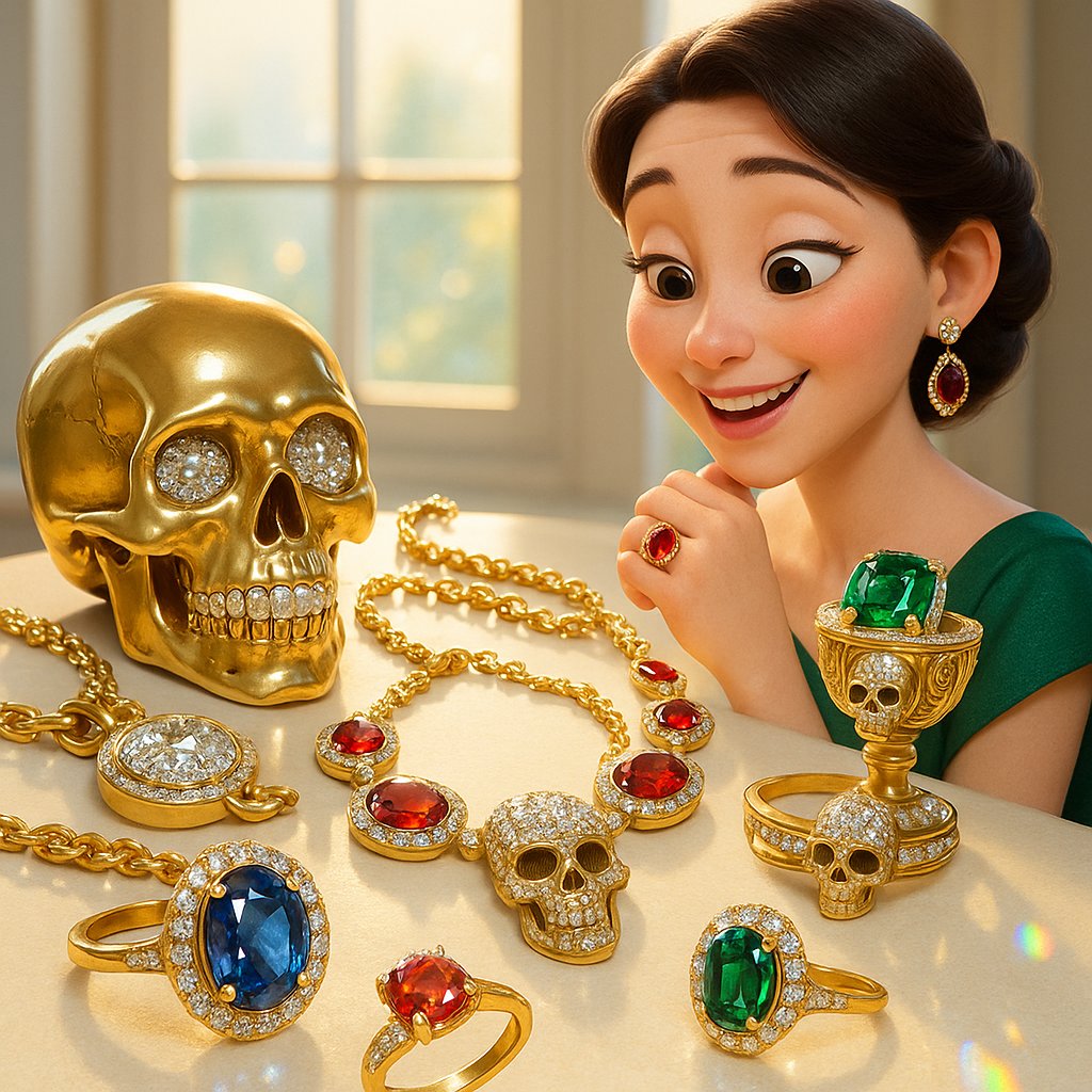 Modern vanitas style jewelry featuring a diamond skull ring and other symbolic pieces from Robinson's Jewelers collection