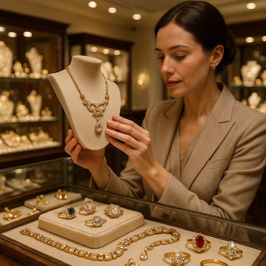 Comparison of vintage, antique, estate, and secondhand jewelry pieces including rings, brooches, and necklaces on a velvet surface