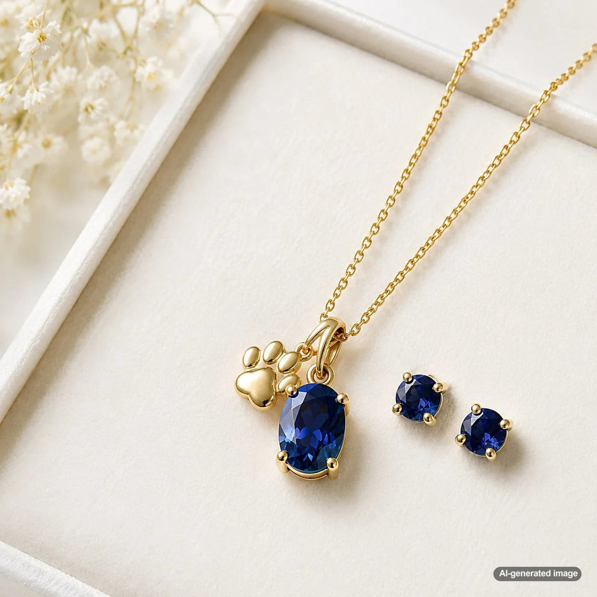 A stylish and personalized jewelry piece from Robinson's Jewelers featuring a pet's birthstone as a tribute to furry family members.