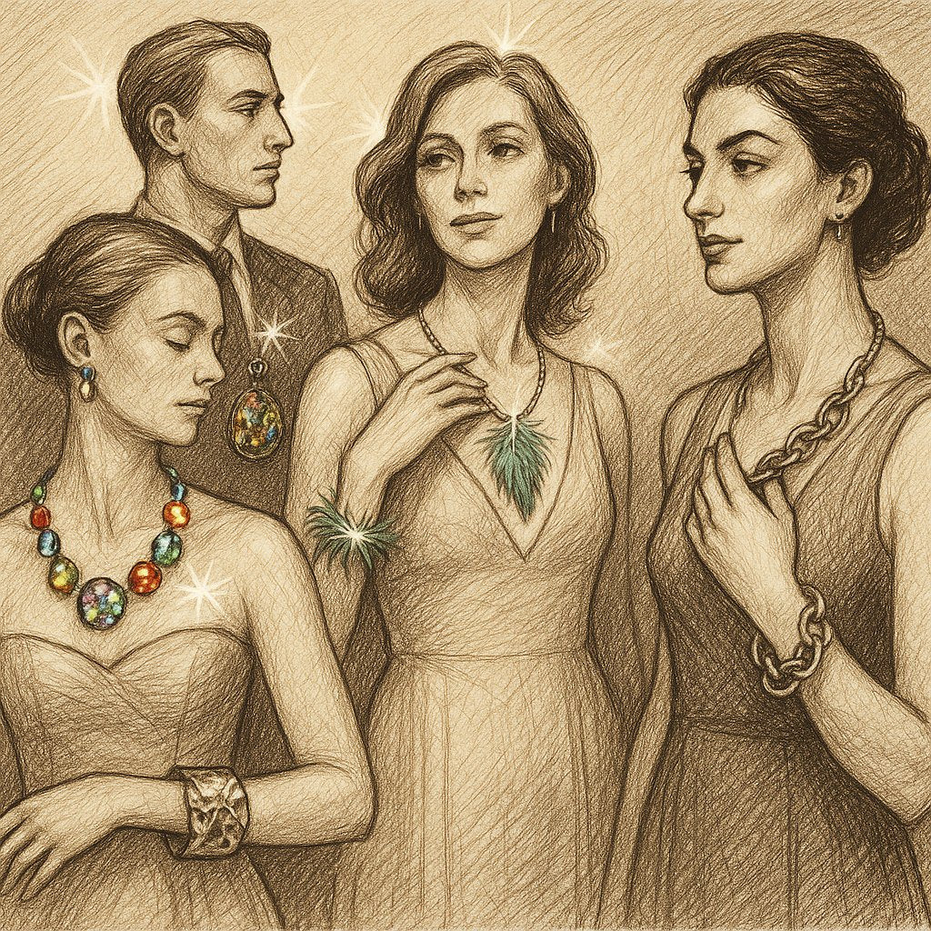 Unconventional jewelry materials including dinosaur bone, meteorite, and circuit board pieces displayed artistically