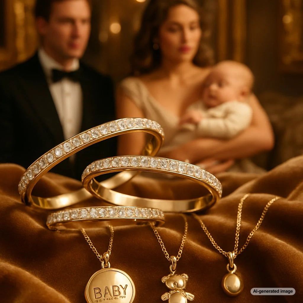 Beautiful keepsake jewelry gifts for a newborn baby, including a delicate gold bracelet and a birthstone pendant.