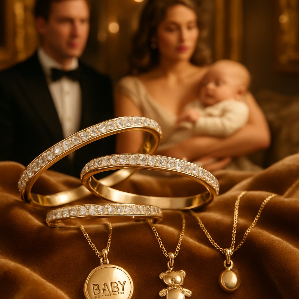 Beautiful keepsake jewelry gifts for a newborn baby, including a delicate gold bracelet and a birthstone pendant.