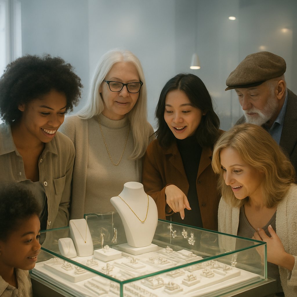 Elegant jewelry display showcasing rings, necklaces, and bracelets for all age groups